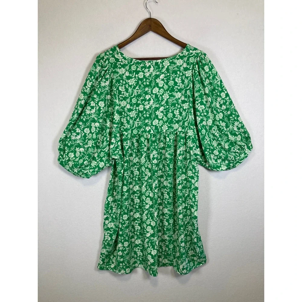 Cottagecore Dokotoo Women Large Green White Floral Puff Sleeve V-Neck Mini Dress - Picture 2 of 14
